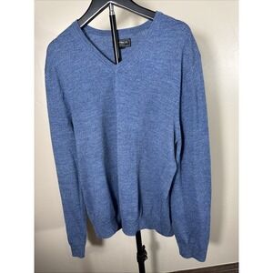 Express Men's L V-Neck Sweater Blue 100% Extra Fine Italian Merino Wool Solid